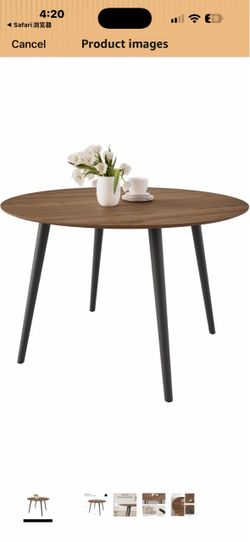 New in box 43.3 Inch Round Dining Table for 4, Small Kitchen Walnut Table Durable MDF Table Top, Steel Legs with Adjustable Pads, Space-Saving for Kit