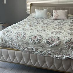 Queen size platform bed frame with electric outlet on headboard