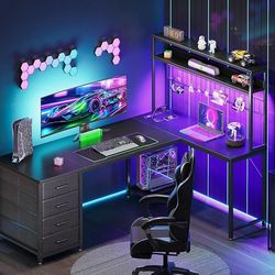 L Shaped Desk Gaming Desk with LED Light & Power Outlet, 59 Inch Reversible L Shaped Computer Table with 4 Drawers for Home Office, Black
