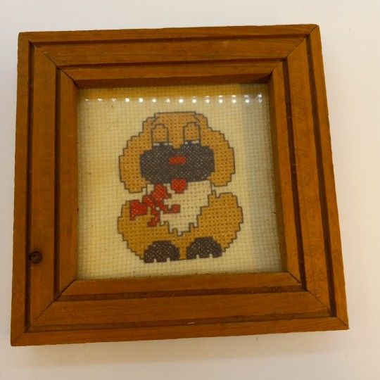 1990s Vintage Completed Cross Stitch Dog Frame Mat 5x5in"