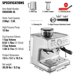 Espresso Machine with Grinder, 15 Bar Semi-Automatic Espresso Coffee Maker with Milk Frother Steam Wand, Removable Water Tank & Pressure Gauge for Cap