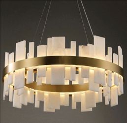 Chandelier 31 in. 8- Lights Drum Gold Chandelier With Alabaster Shade,