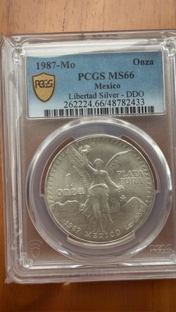 1987-Mo Mexico Libertad Silver Onza PCGS MS66 DDO Toned