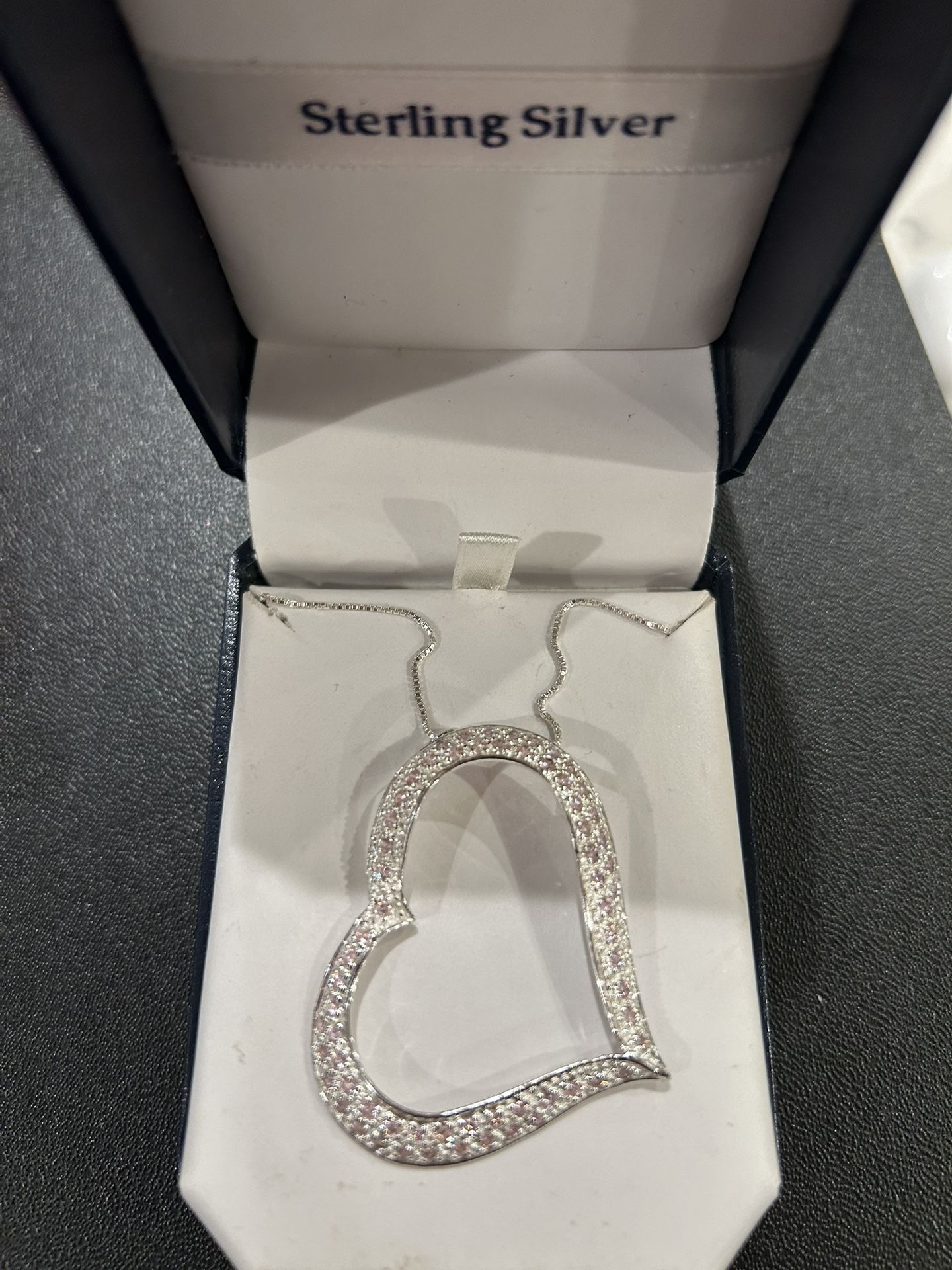 New In Box Large Sterling Silver Pink Heart Pendant