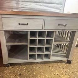 New Inspire Q Eleanor Mobile Kitchen Island with Wine Rack - Classic Oak Top in Rustic Greywash 