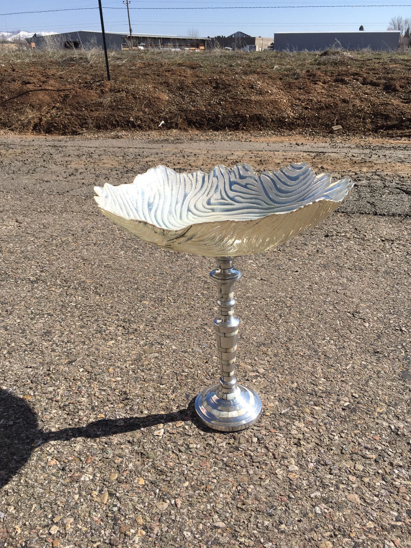 Bird Bath or Feeder for your garden...Silver tones make this pop. Stand is mother of pearl. 15" h