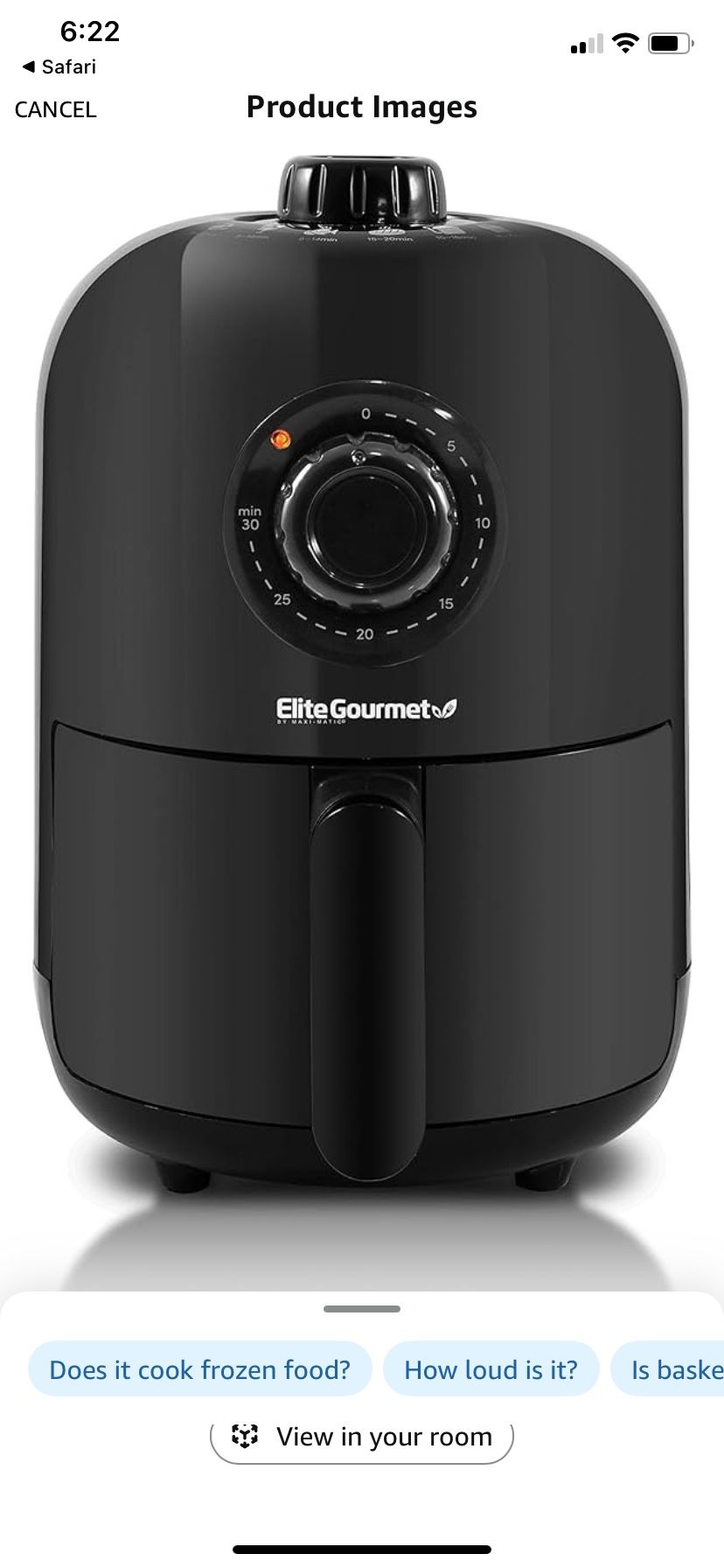 Elite Gourmet EAF-1121X Personal 1.1 Qt. Compact Space Saving Electric Hot Air Fryer Oil-Less Healthy Cooker, Timer & Temperature Controls, 1000W Blac
