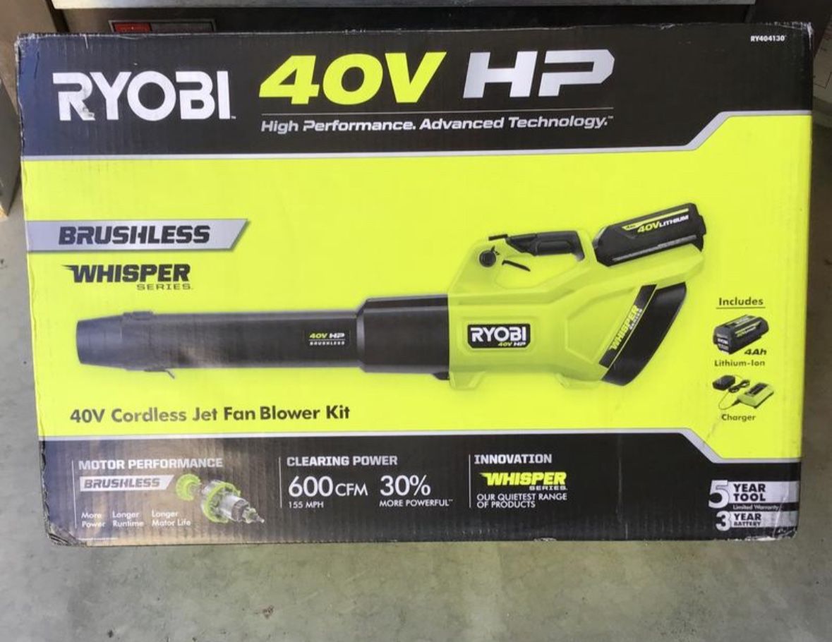 NEW RYOBI 40V HP Brushless 600 CFM 155 MPH Cordless Leaf Blower and Carbon Fiber String Trimmer with 4.0 Ah Battery and Charger