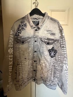 Distressed Denim Jacket with Patches and Script