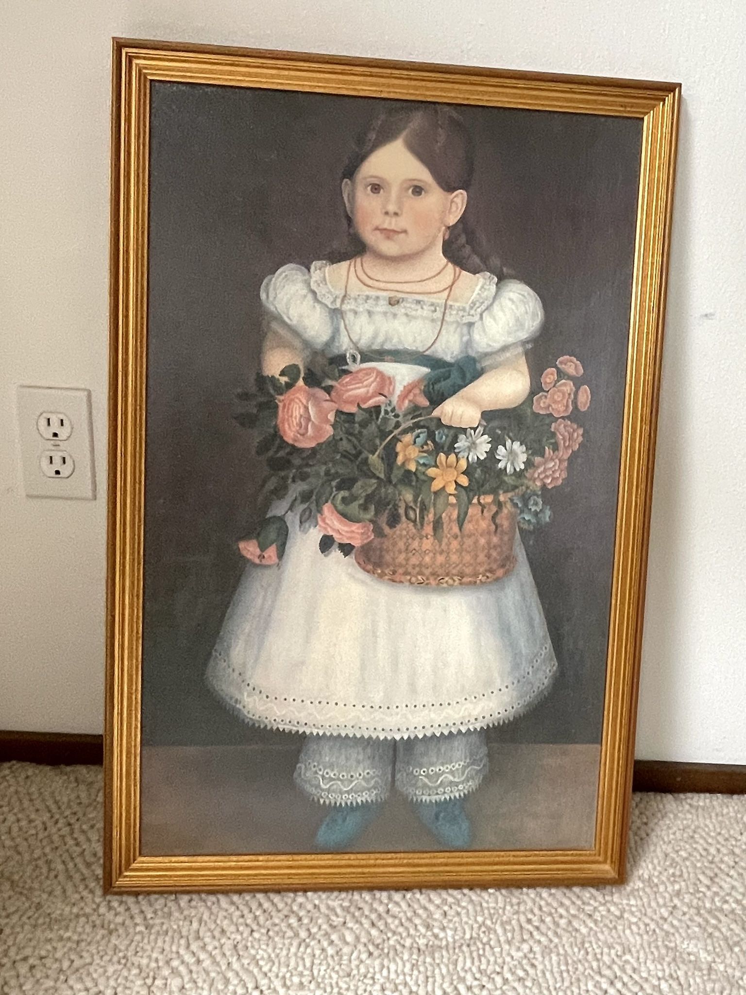 Vintage Folk Art Print In Beautiful Gold Frame