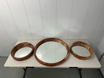 Set of 3 Round Mirrors w/ Raised Wood Frames - Made in India