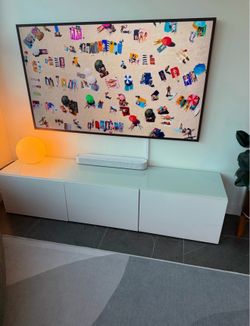 TV console white - IKEA BESTA high gloss white doors and glass top, 70 7/8x16 1/2x15 "