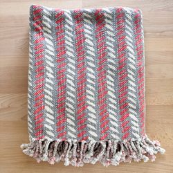 West Elm Throw Blanket Coral Gray Ivory Rope Tassle Ends 45x60 EUC