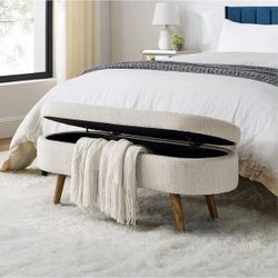 Ottoman Beige Oval Storage Bench(16 in. H x 43.5 in. W x 16 in. D)