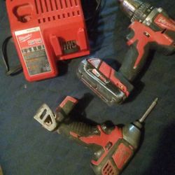 (Milwaukee) Drill & Impact Drill , Battery & Charger All Work Good