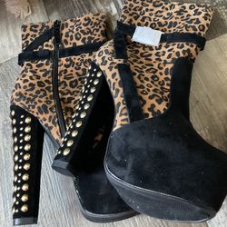 Leopard Print Boots With Studded Heels