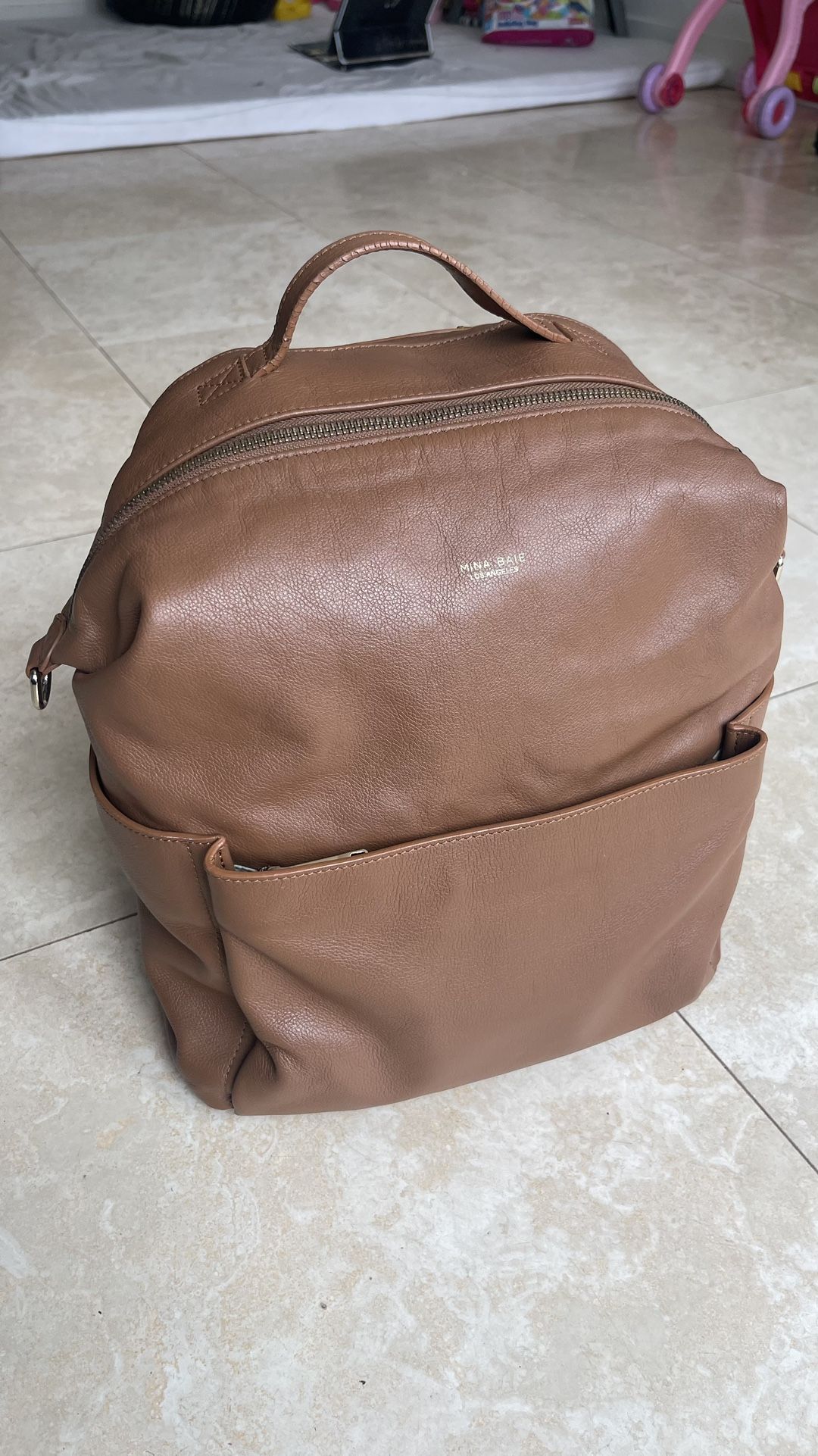 Mina Baie Stevie Terra Tan Vegan Leather Backpack Shoulder Diaper Bag + Add-Ons Mina Baie Stevie Backpack - Terra | Babylist Shop main image 3