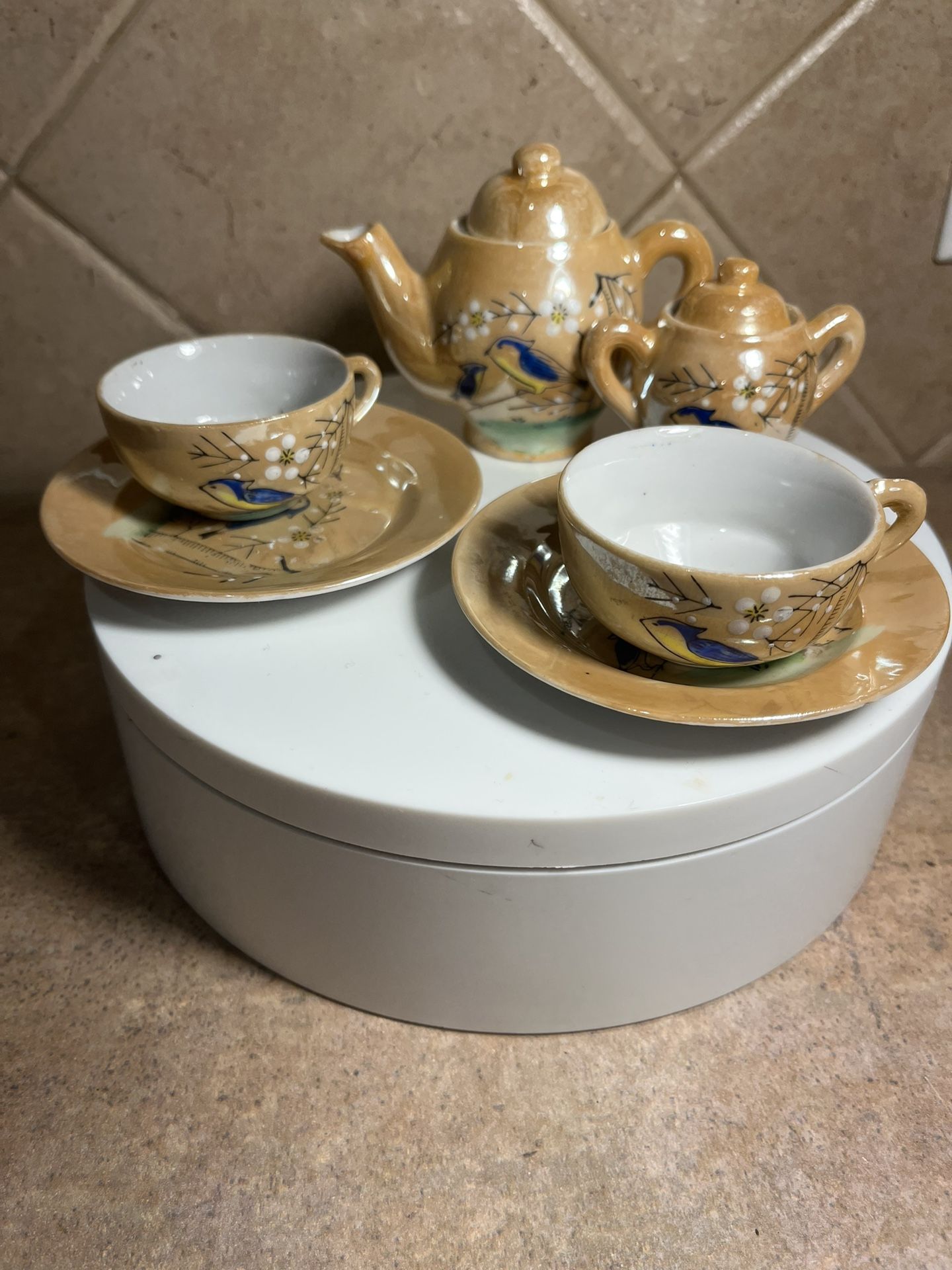 Vintage 1930 Lustreware Japan 6 Pc Mini Tea Set w/Blue Bird Design