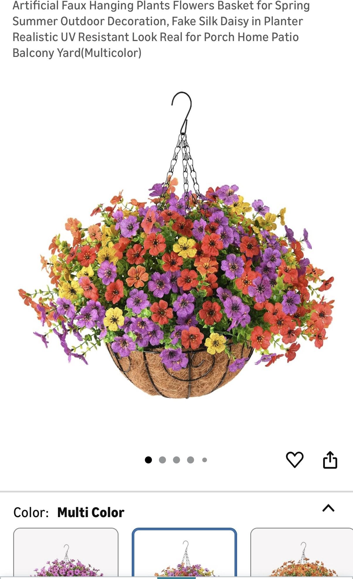 2 New Artificial Faux Hanging Plants Flowers Basket for Spring Summer Outdoor Decoration, Fake Silk Daisy in Planter Realistic UV Resistant Look Real
