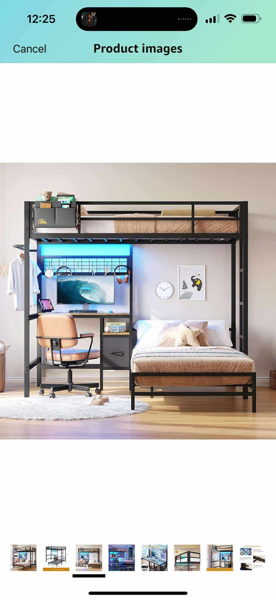 B100-Bunk Bed Twin Over Twin Size with Desk and Charging Station L-Shaped Metal Bunk Bed with Led Lights & Storage Shelves and Drawers Loft Beds with