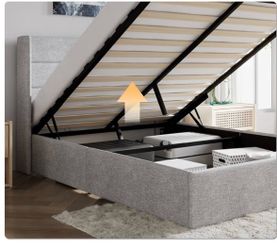 SHA CERLIN Queen Size Lift Up Hydraulic Storage Bed Frame Light Grey Modern Wingback Headboard, Upholstered Platform Bed Frame, Hydraulic Underneath S