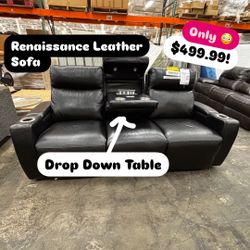 Renaissance Leather Black Sofa With Drop Down Table 