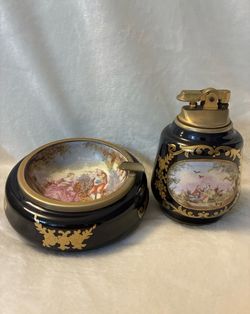 Limoges Lighter and Ashtray Set, Made in Italy, Antique, (Color: Black, Golden)