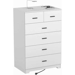 Dresser with Power Outlets Wooden 6 Drawer Dresser with Large Organizer White