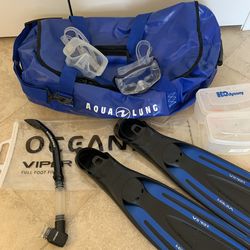 Snorkel / Scuba Gear Set – Oceanic Viper Fins, 2 Masks (TUSA Imprex + Frameless), Scubapro Snorkel, Aqua Lung Bag