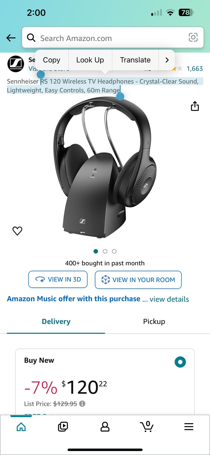 Sennheiser RS 120 Wireless TV Headphones - Crystal-Clear Sound, Lightweight, Easy Controls, 60m Range