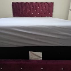 Queen Bed Frame with Mattress & Box Spring – Velvet Tufted Headboard