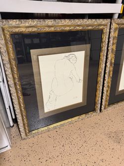 Framed Figure Sketch Print with Ornate Gold Frame