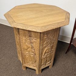 Hand Carved Teak Table Anglo Indian Tribal Aztec Style 24” Folds Wood Carved Table 