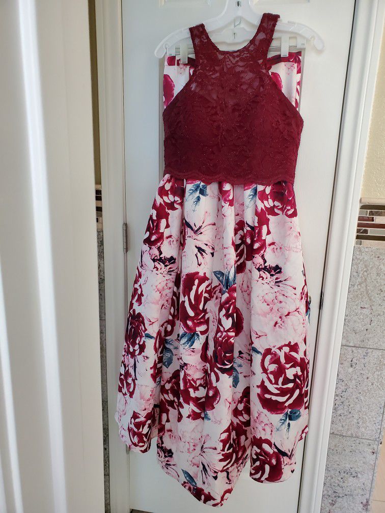 Wine Red Halter Top With  Floral Printed Skirt Prom Dress