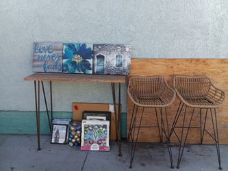 3-Piece Outdoor Patio Bar Set - Rattan Stools & Wood Console Table