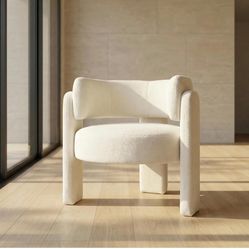 Modern chair with barrel design, upholstered chair with arms, curved backrest, dining chair with solid wood legs, comfortable single armchair, reading