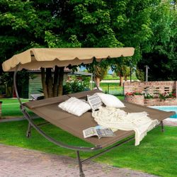 Double Chaise Lounge Bed with Adjustable Canopy and Pillow and Wheels