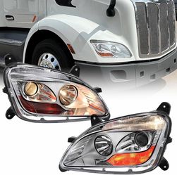Chrome Halogen Headlight Assembly Pair for 2013-2020 Peterbilt 579 & 2011-2018 587,Driver & Passenger Side, Direct Bolt-on Replacement