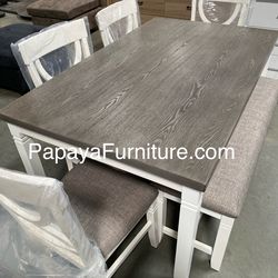 New! 6pcs White Rustic Dining Set, Dinette Set, Kitchen Table And Chairs, Table, Chairs, Bench, Casual Dining Set, Rectangular Dining Table, Dining Ro