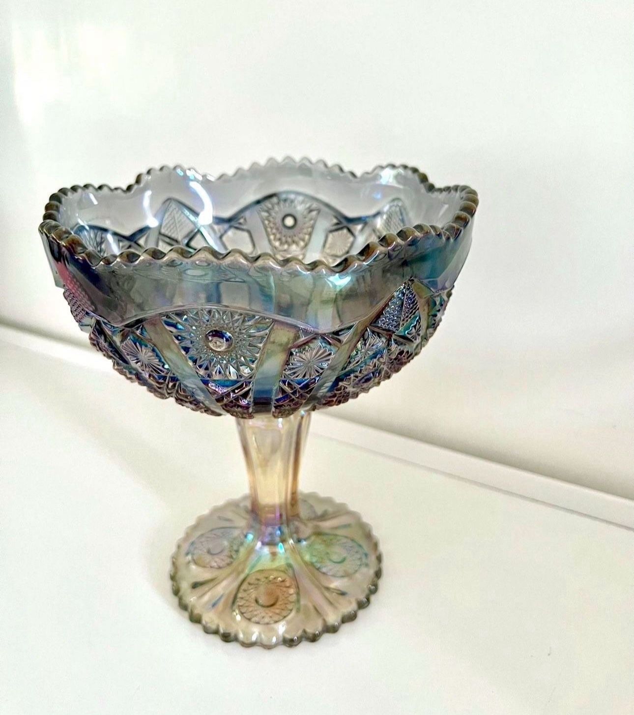 Vintage Carnival Glass, Imperial Amethyst Carnival Glass Pedestal Bowl 7.5” h