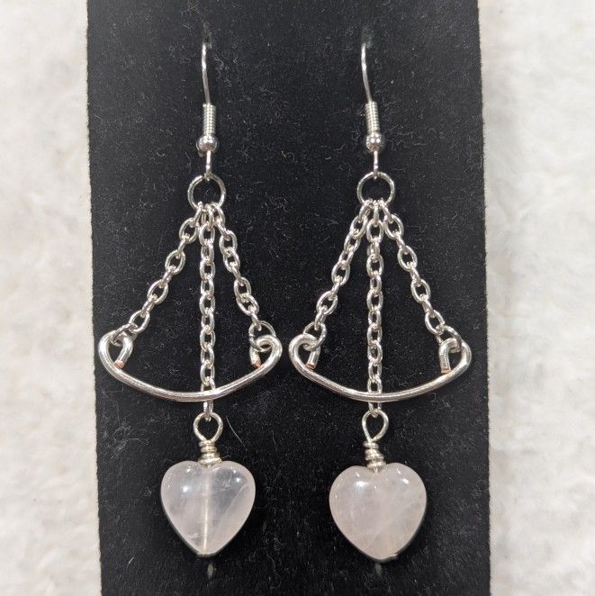 Handmade Rose Quartz Heart Cupid’s Bow Dangle Earrings