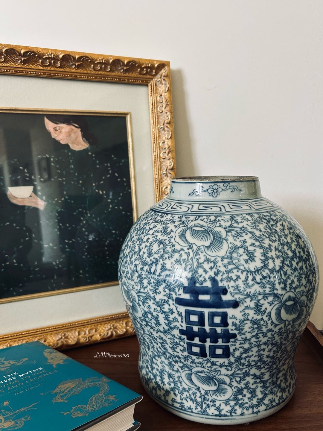 Vintage Chinese Double Happiness White and Blue Foliate Porcelain Vase | Chinoiserie 