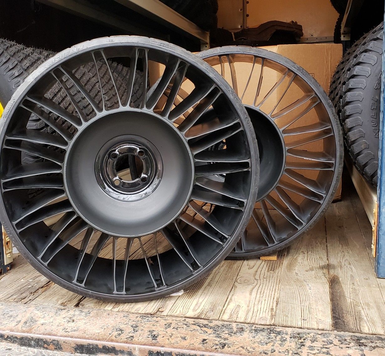 Pair of 26x12N12 Michelin "X Tweel Turf" lawnmower tire/wheel assembly