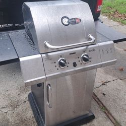 Stainless steel Char-Broil gas grill with two burners.
