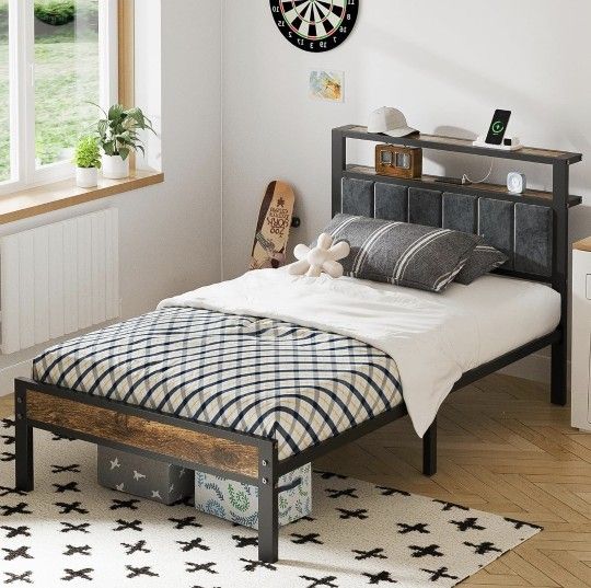 Twin Platform Bed Frame with Grey Upholstered Headboard, Metal Slats,Built-in Charging Station
