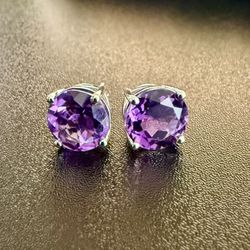 Big Amethyst Stud Earrings – Real Sterling Silver – New