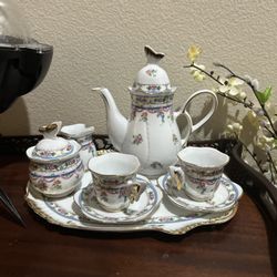 Tea Cup Set And Oak Wood Tea Stand 
