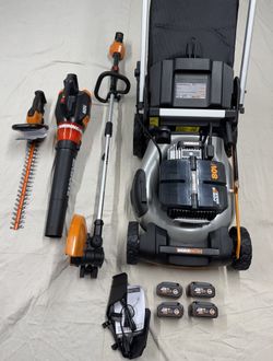 WORX-Nitro 80vMax PowerShare Self-Propelled Mower, Blower, String Trimmer & Hedge Trimmer Outdoor Power Tool Combo
