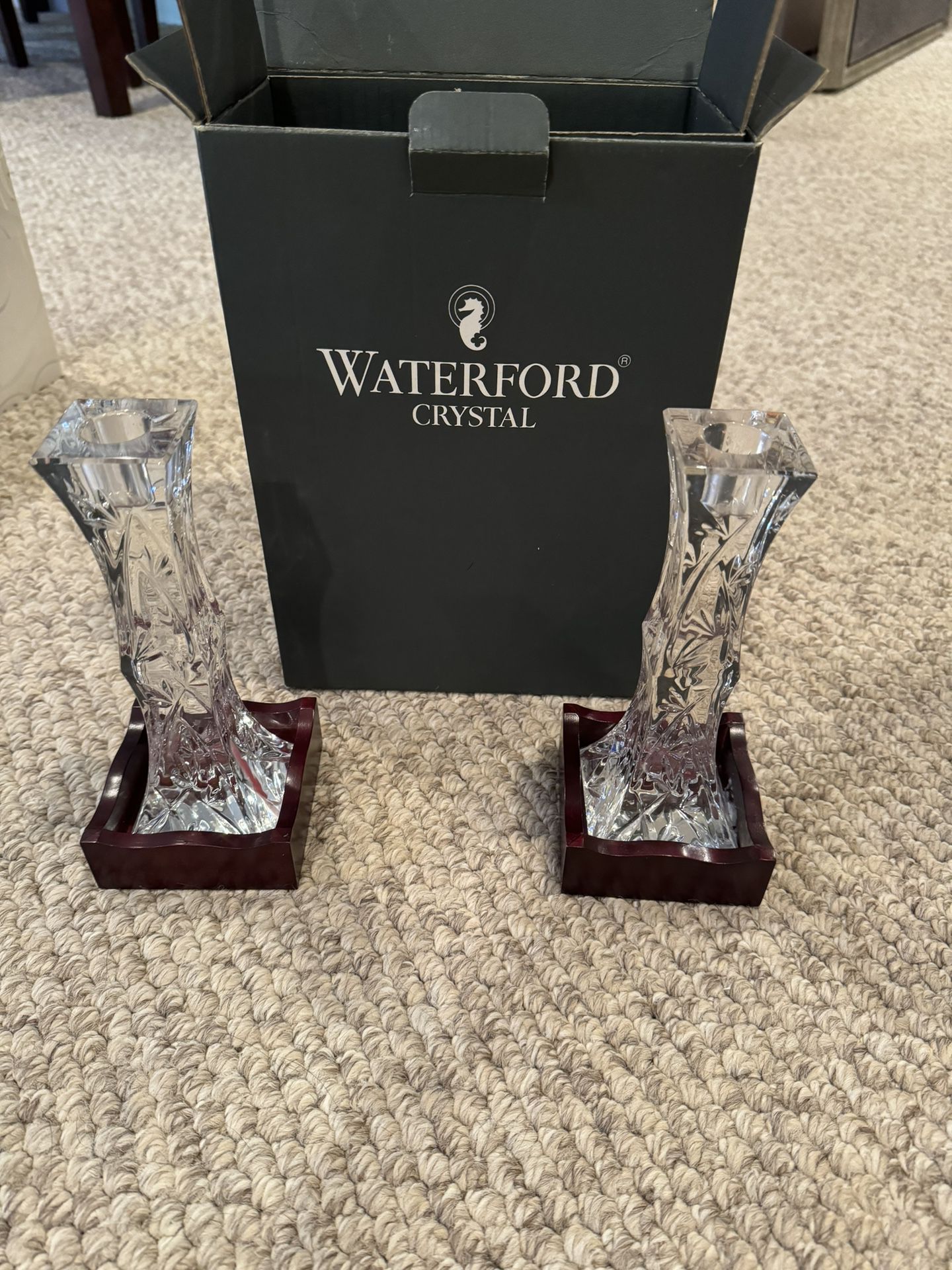 Classic Waterford 8” crystal candlesticks with bamboo removable bases.