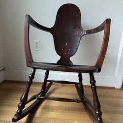 Antique Mahogany Wood Inlay Oval Back 1900s Rocker Rocking Chair 